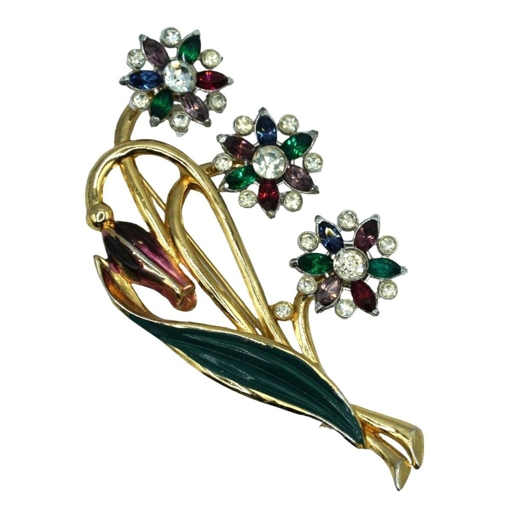 Vintage Floral Spray Brooch Rhinestones Enamel Purple Green Blue Red Clear Large